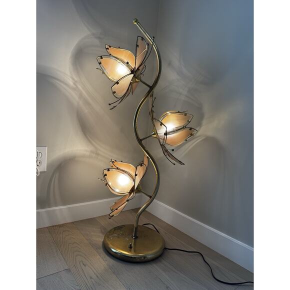 1970s Decorative Table Lamp Lotus Flower Italian Design Gold Metal Crystal RARE - Picture 1 of 13